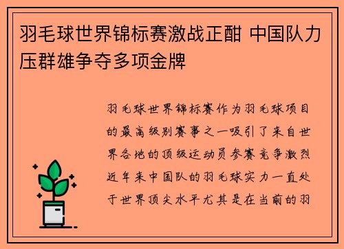 羽毛球世界锦标赛激战正酣 中国队力压群雄争夺多项金牌